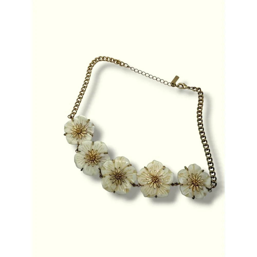 White Floral Statement Necklace Gold Tone Adjustable Bib Necklace